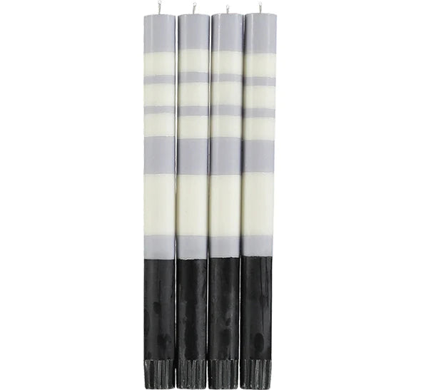 British Colour Standard Striped Jet Black, Pearl & Dove Dinner Candles