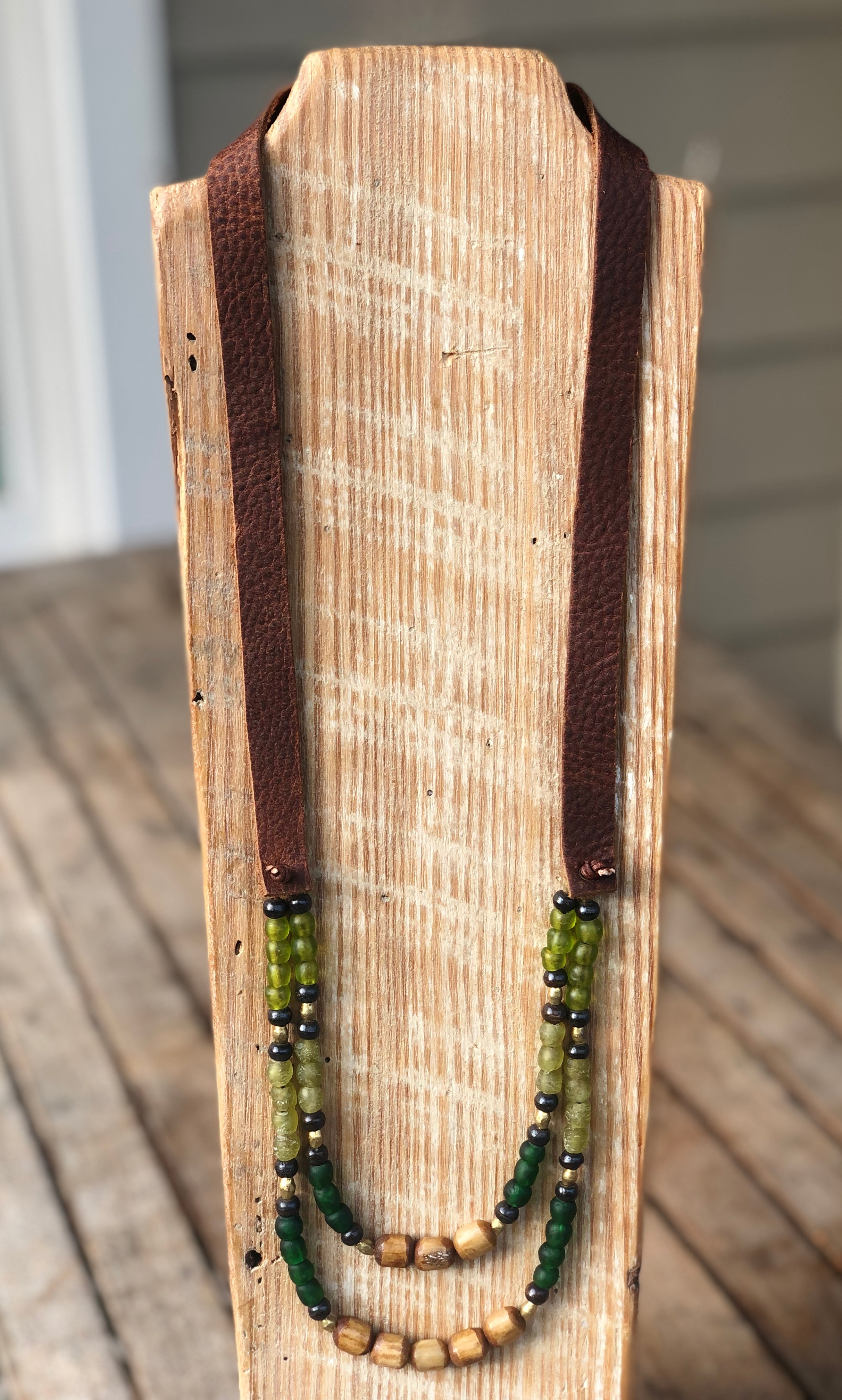 Light Green, Dark Green and Wood 2-Strand Necklace