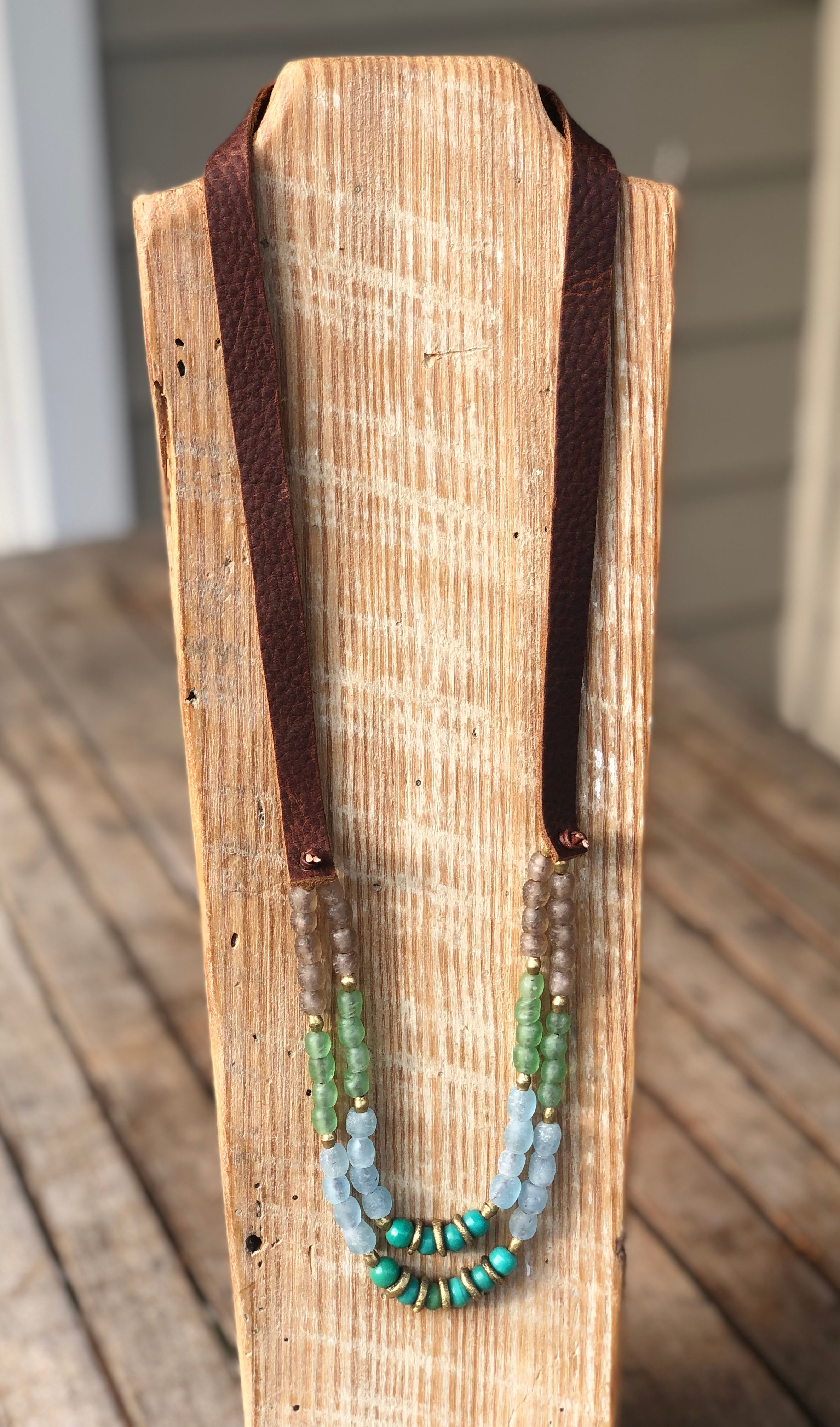 Tan, Green, Light Blue and Turquoise 2-Strand Necklace