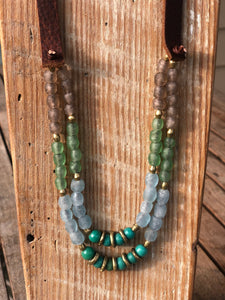 Tan, Green, Light Blue and Turquoise 2-Strand Necklace