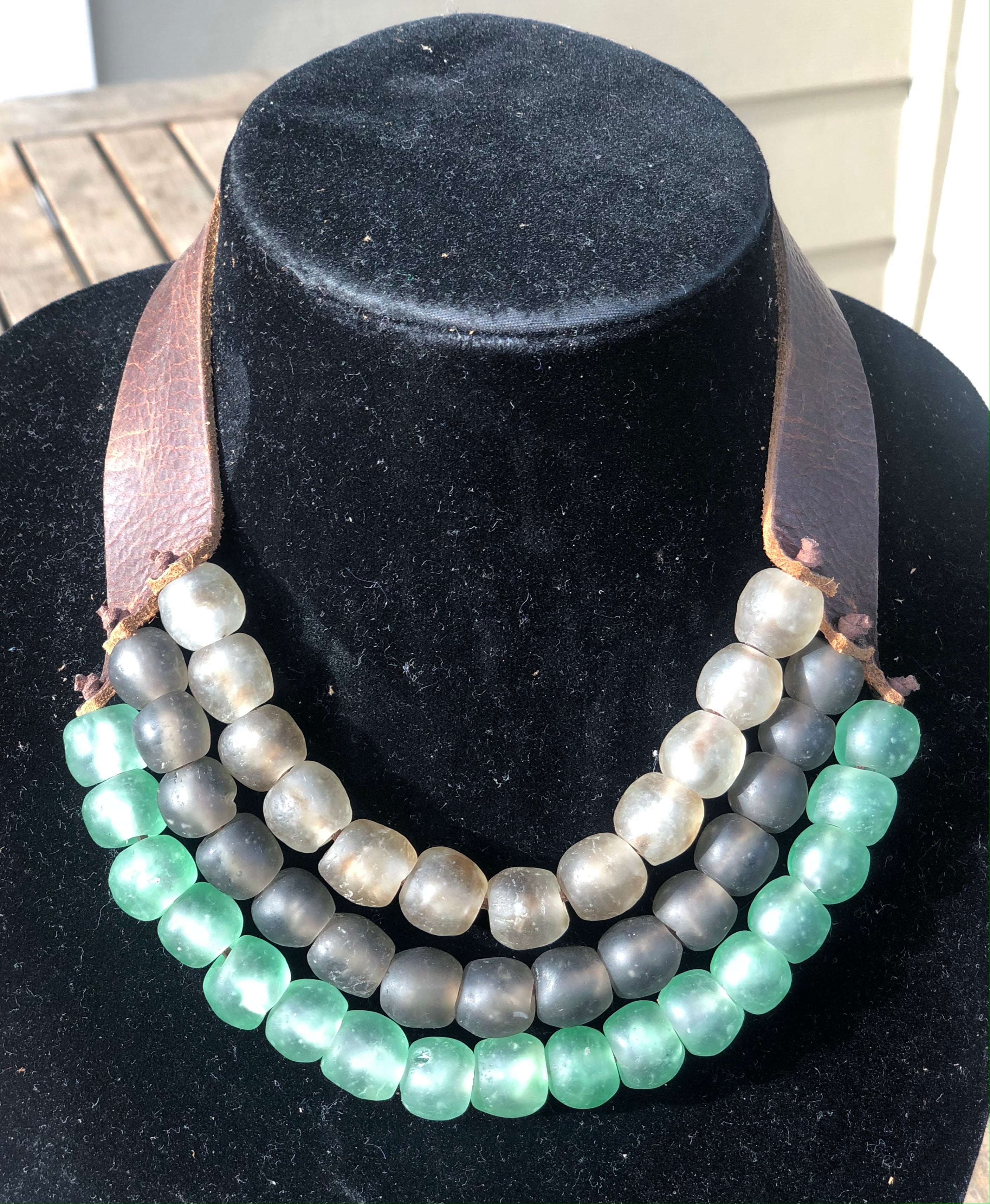 Tan, Grey and Teal 3-Strand Necklace
